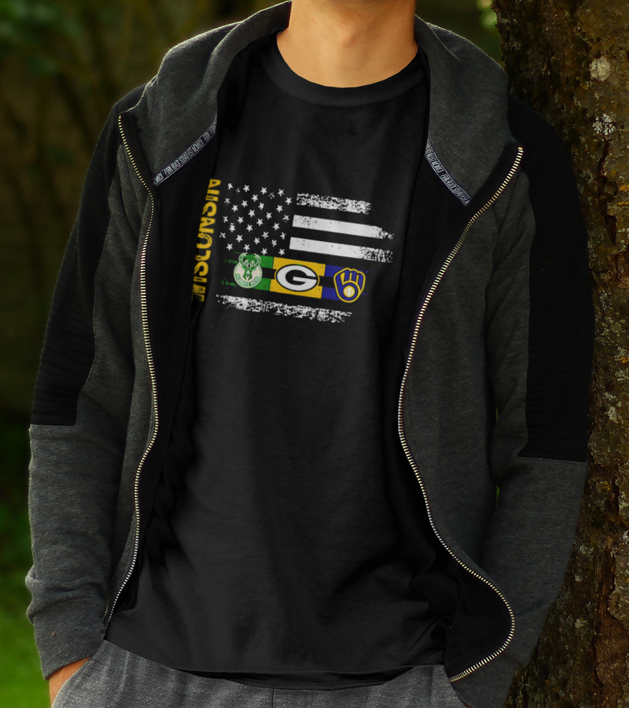 Wisconsin Flag American Sports Green Bay Packers Milwaukee Bucks Milwaukee Brewers T-Shirt