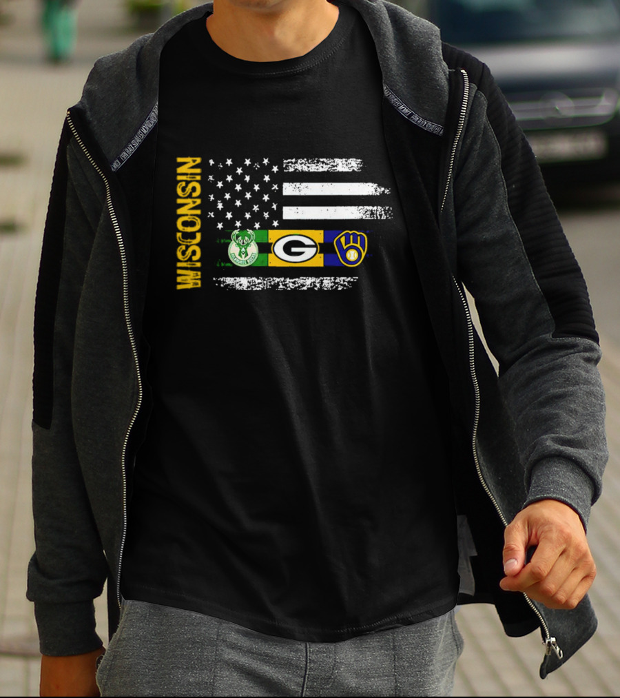 Wisconsin Flag American Sports Green Bay Packers Milwaukee Bucks Milwaukee Brewers T-Shirt
