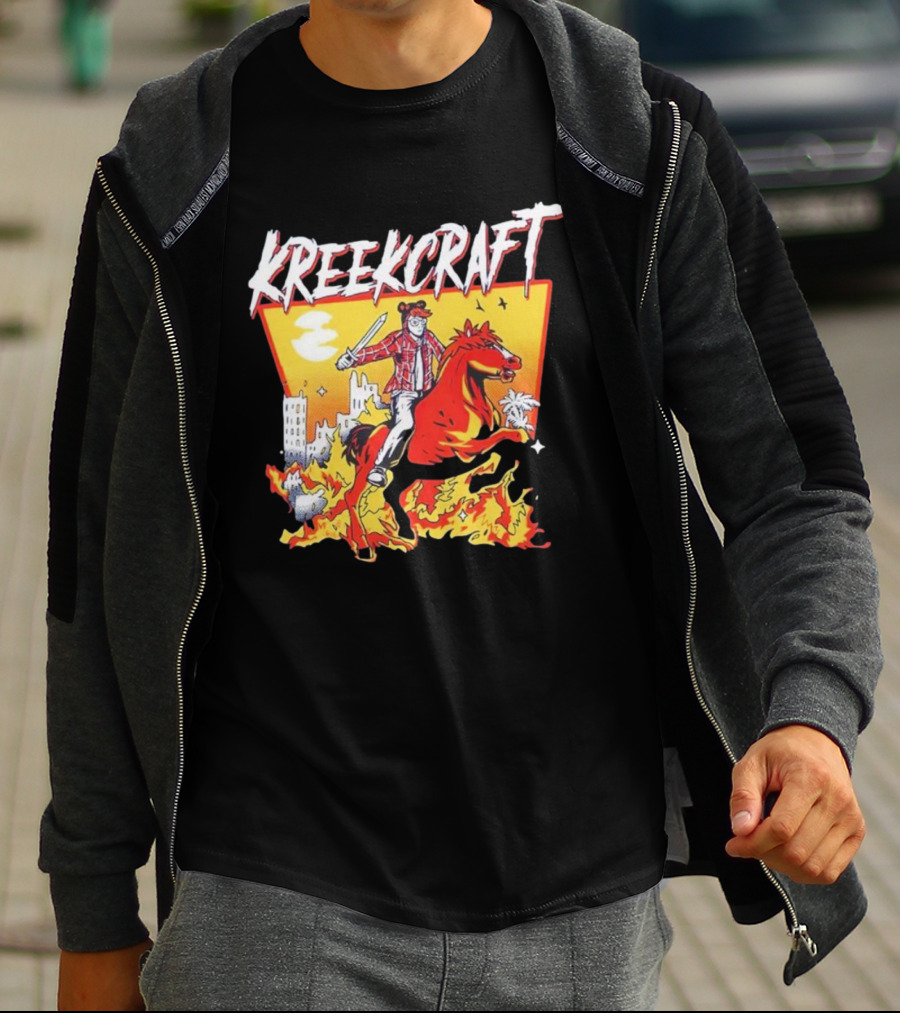 Kreekcraft Warrior Riding Fiery Horse In Urban Landscape T-Shirt