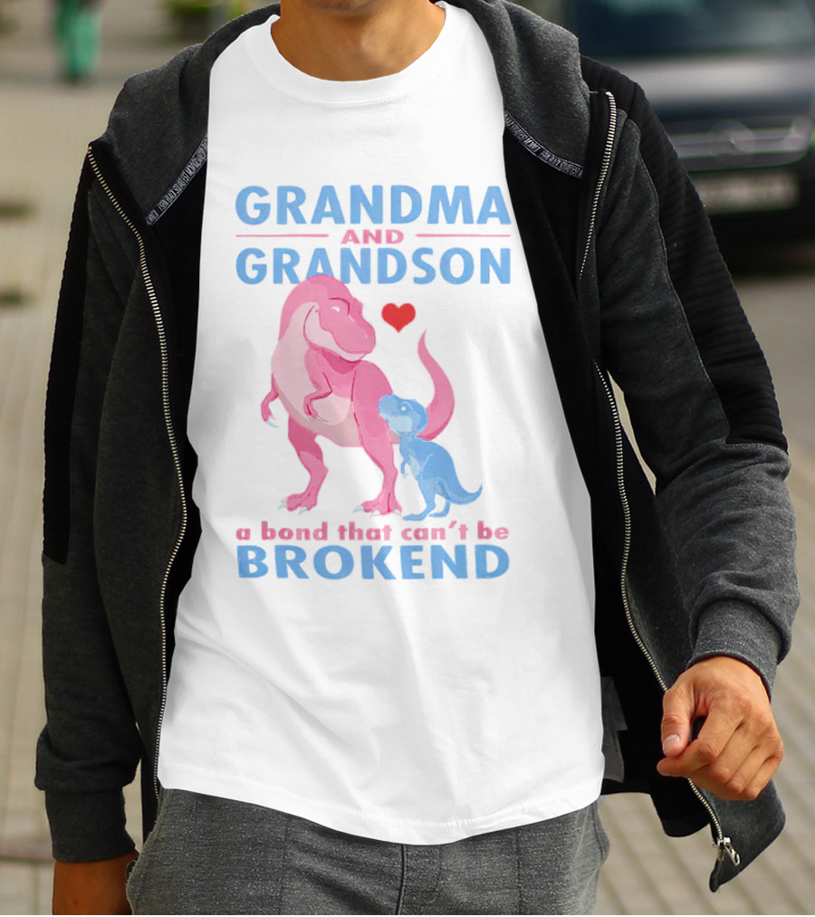 Grandma And Grandson A Bond That Can't Be Broken With Pink And Blue Dinosaurs And Heart T-Shirt