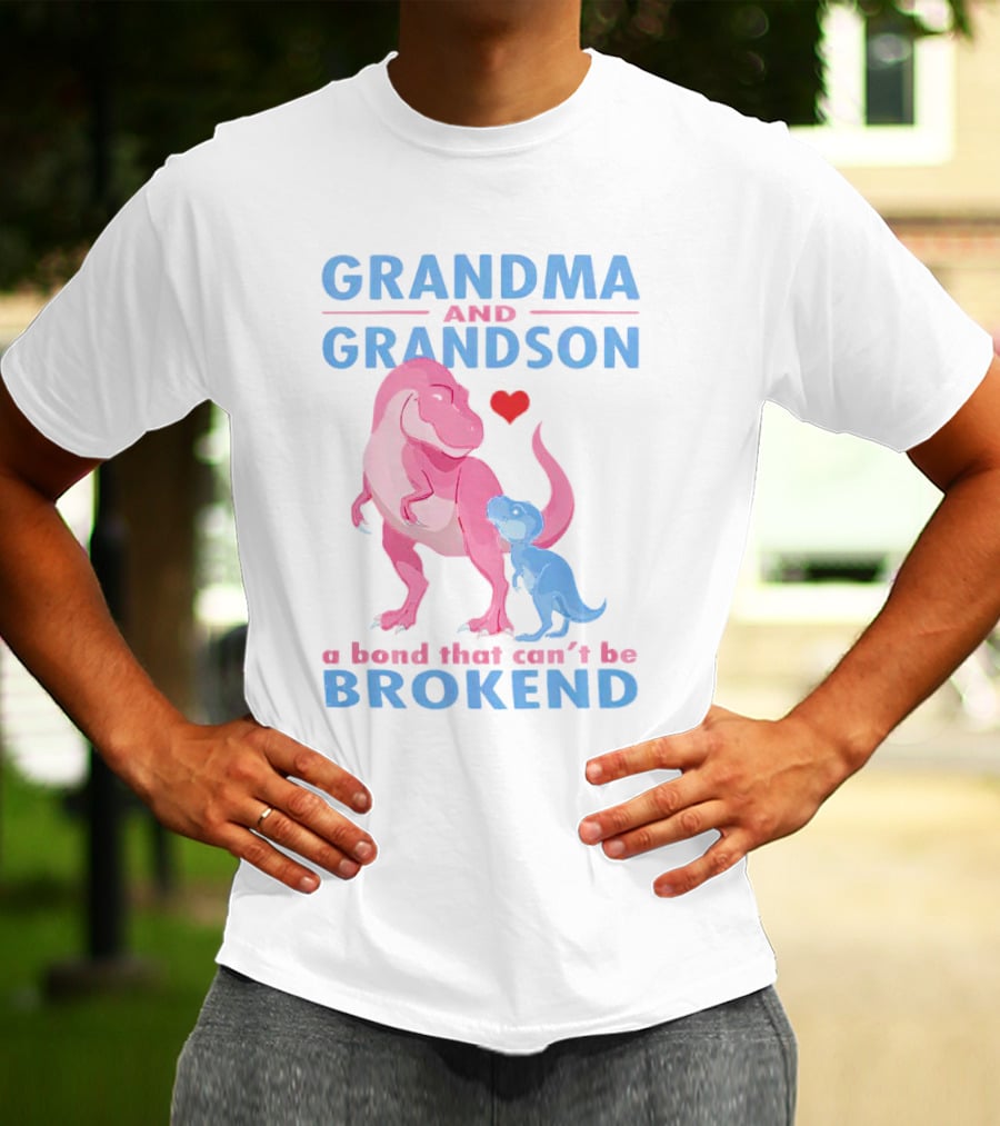 Grandma And Grandson A Bond That Can't Be Broken With Pink And Blue Dinosaurs And Heart T-Shirt