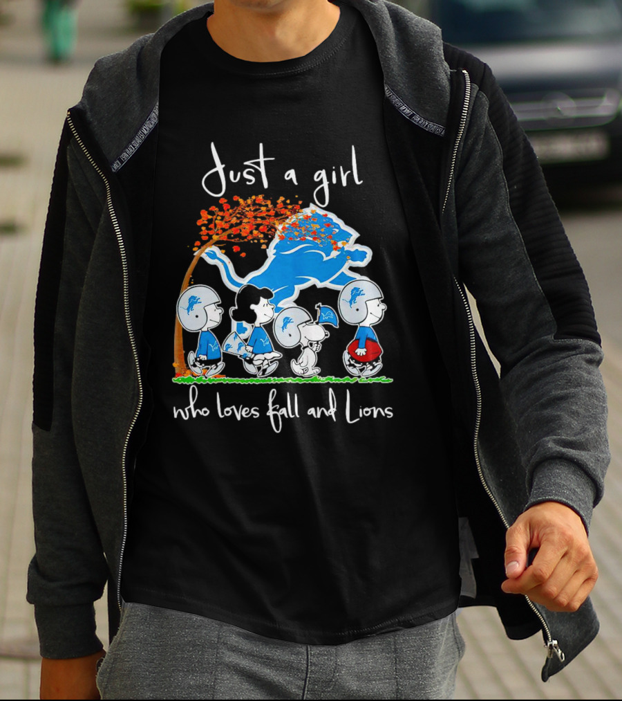 Snoopy Peanuts Just A Girl Who Loves Fall And Detroit Lions Football T-Shirt