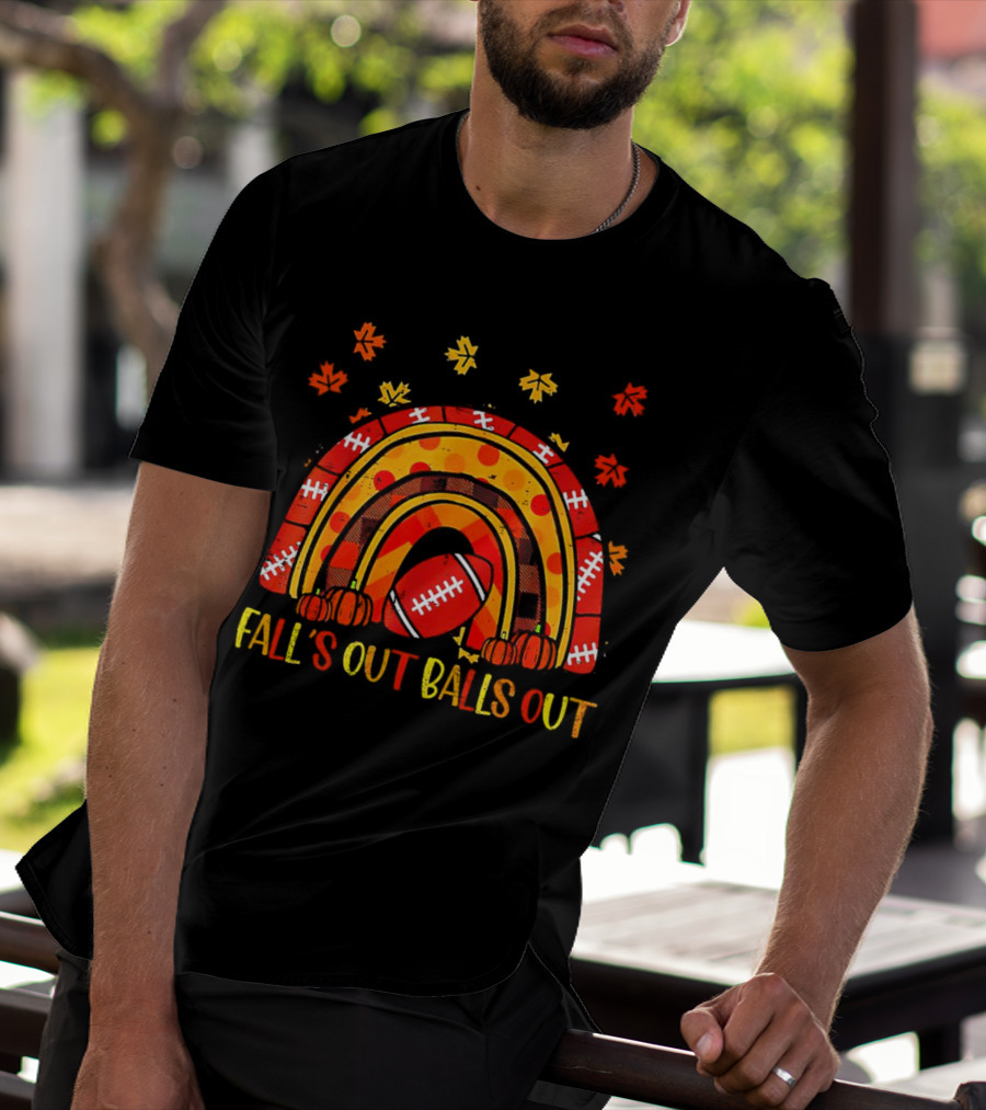 Fall's Out Balls Out Rainbow American Football Autumn Leaves T-Shirt