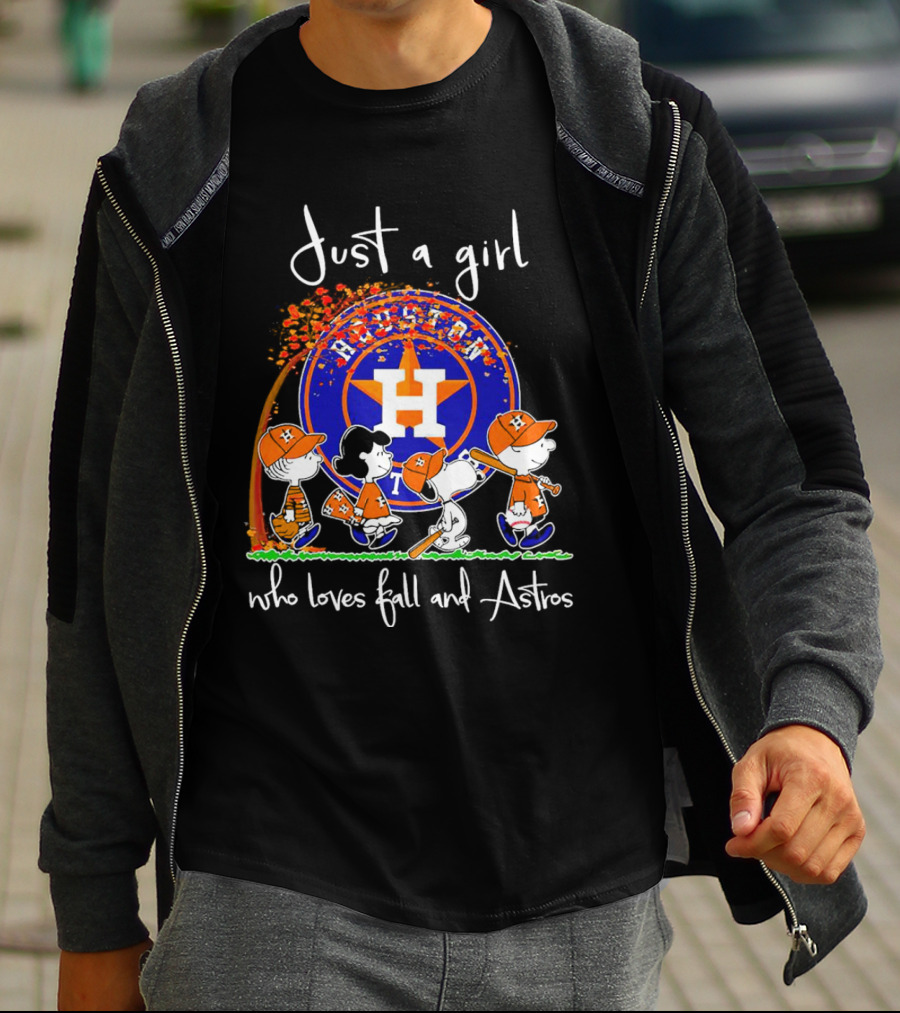 Just A Girl Who Loves Fall And Houston Astros Snoopy Peanuts Baseball Scene T-Shirt