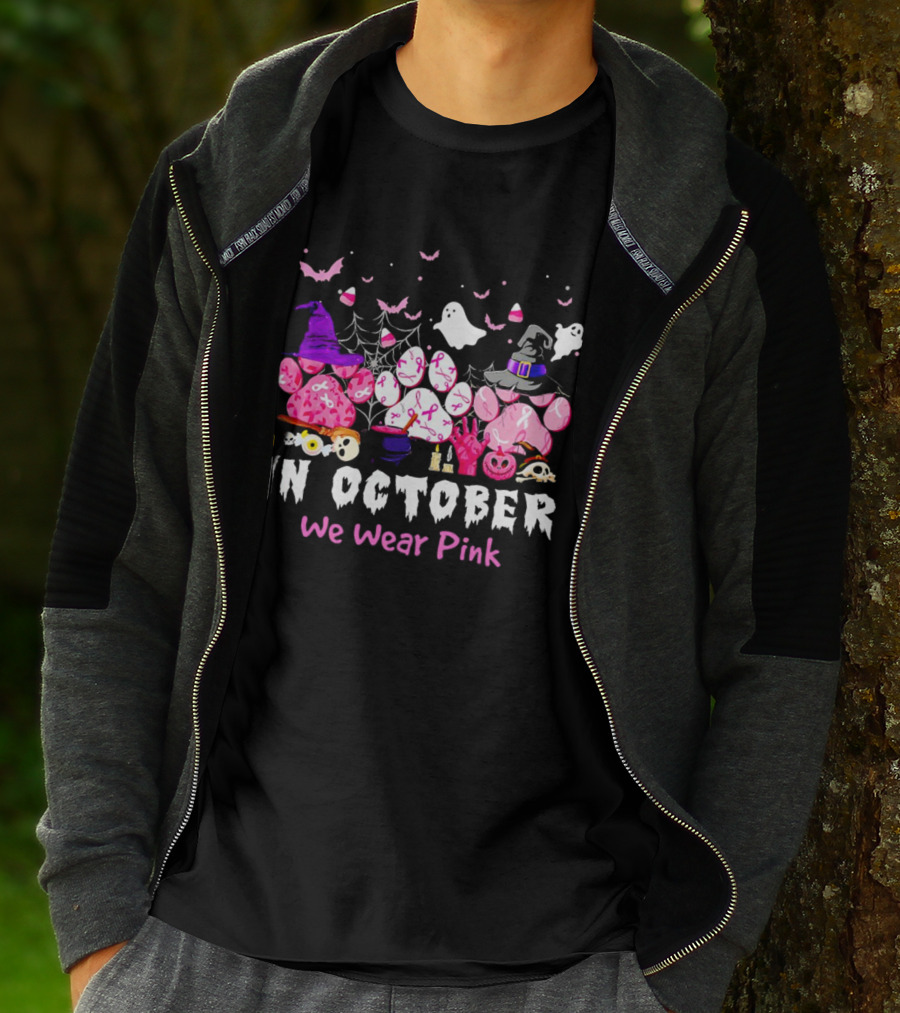 In October We Wear Pink Halloween Dog Paws Ghost Witch Hat T-Shirt