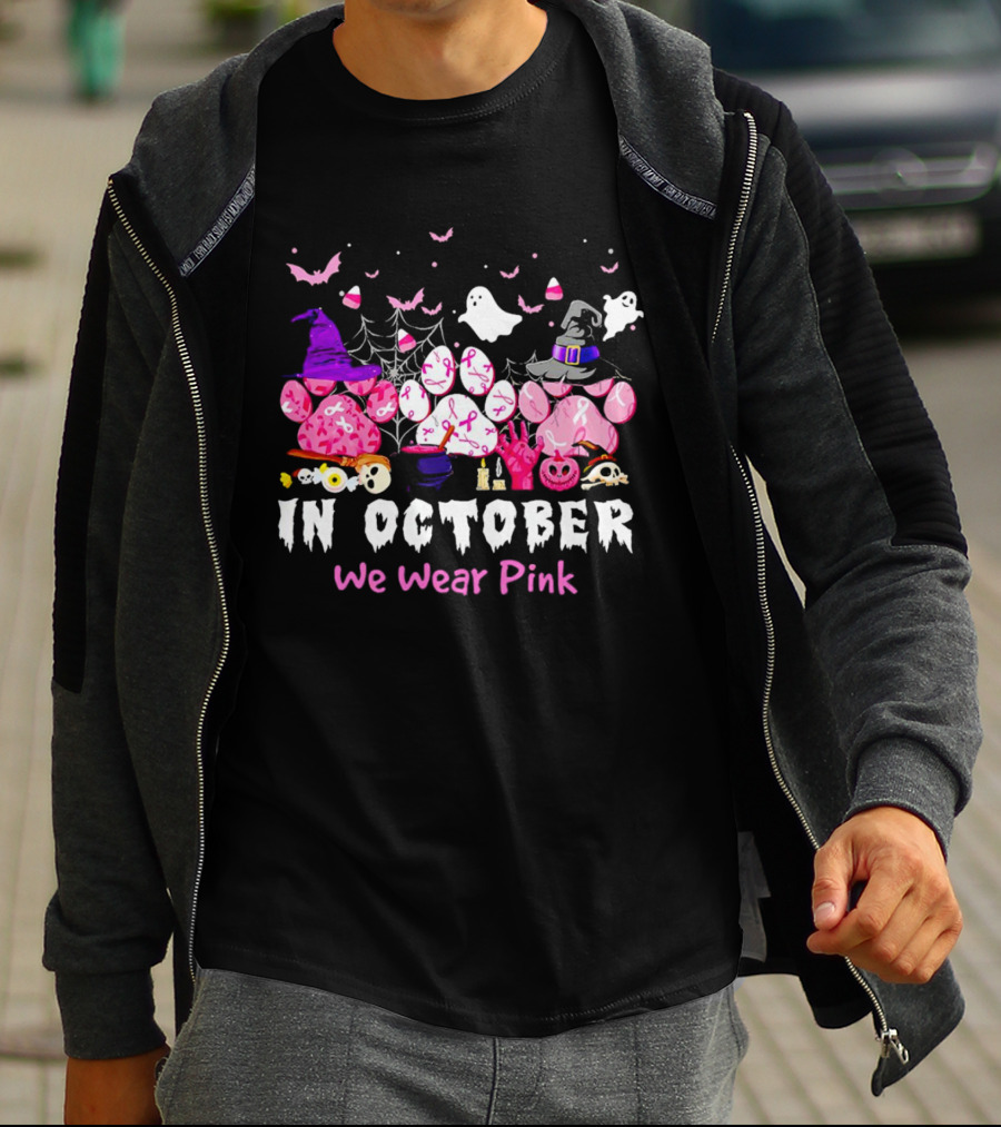 In October We Wear Pink Halloween Dog Paws Ghost Witch Hat T-Shirt