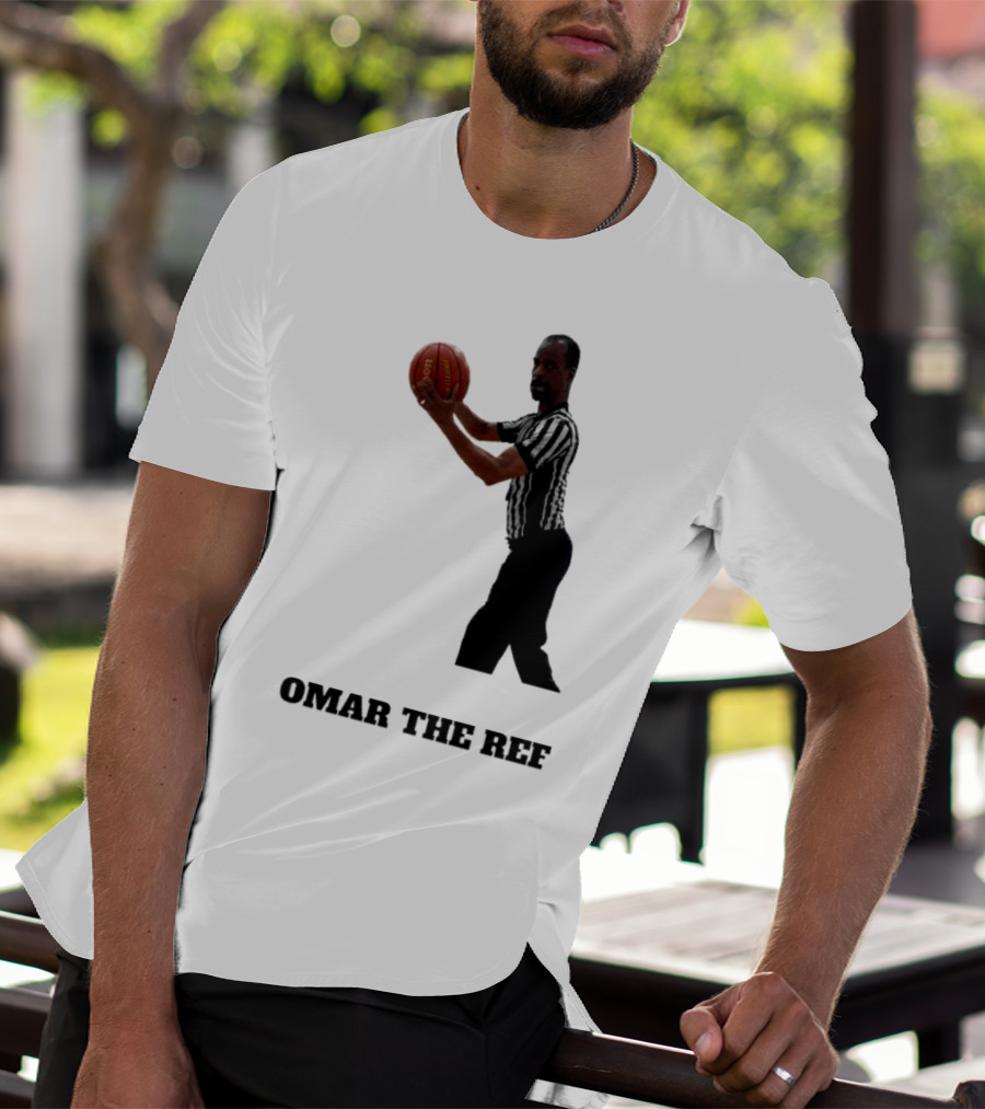 Omar The Ref Holding Basketball In Striped Uniform T-Shirt