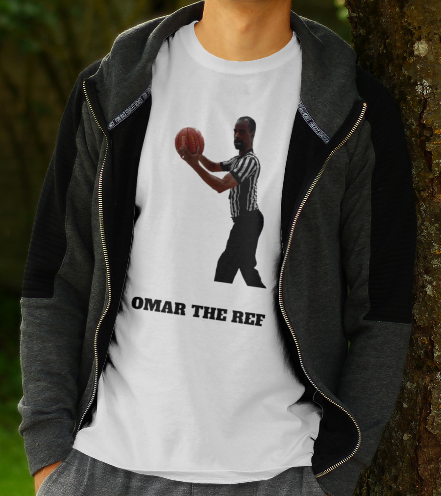 Omar The Ref Holding Basketball In Striped Uniform T-Shirt