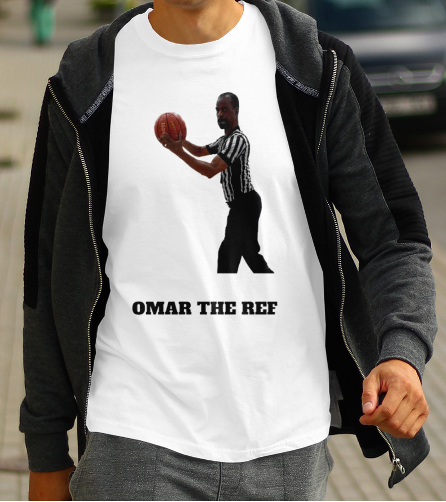 Omar The Ref Holding Basketball In Striped Uniform T-Shirt