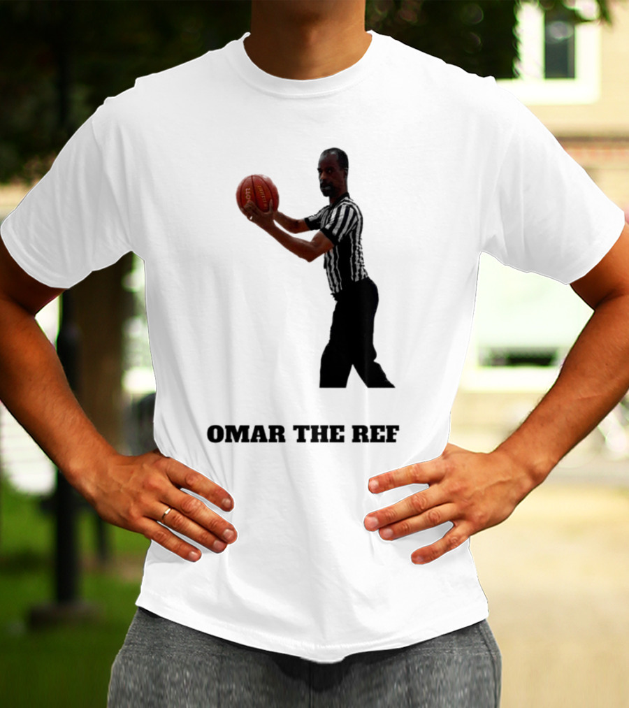 Omar The Ref Holding Basketball In Striped Uniform T-Shirt