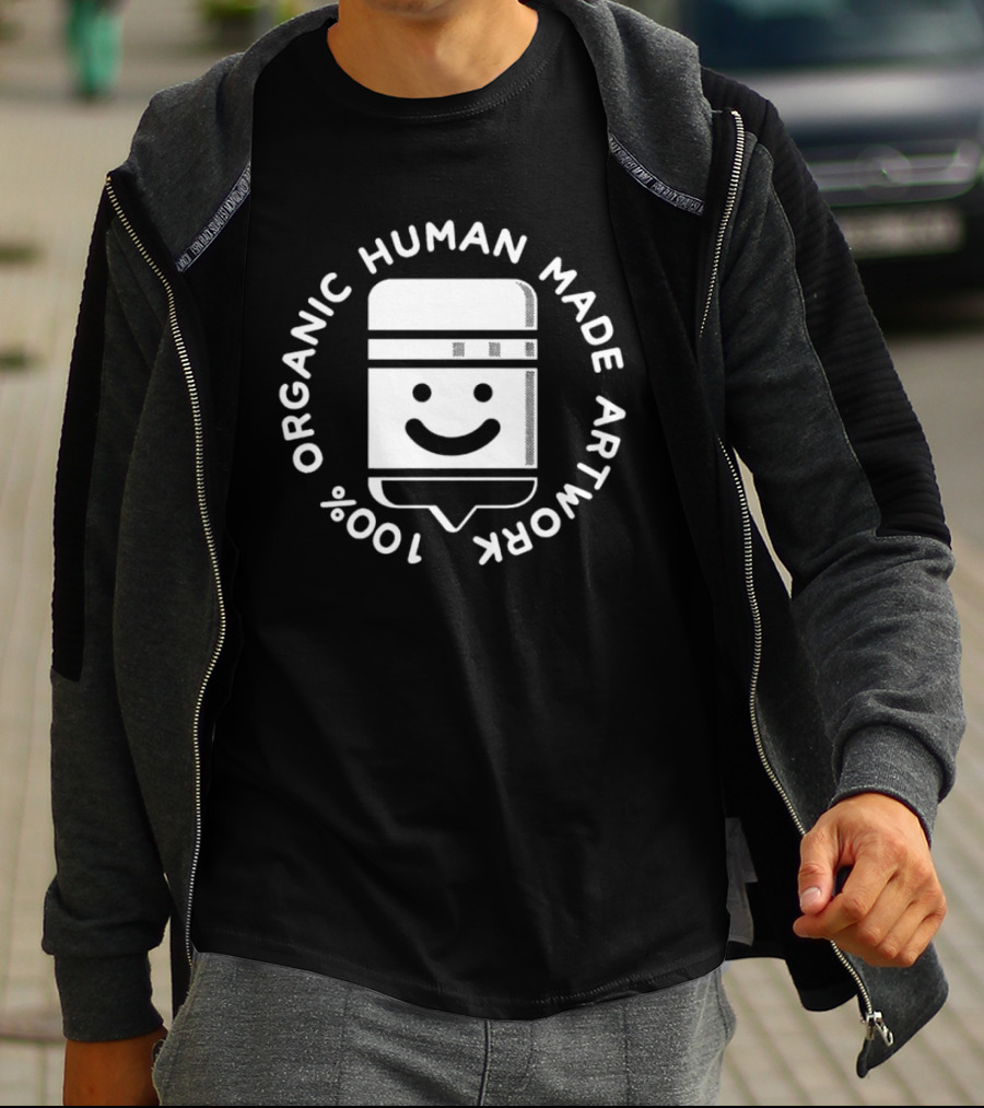 100% Organic Human Made Artwork Smiley Face Badge T-Shirt