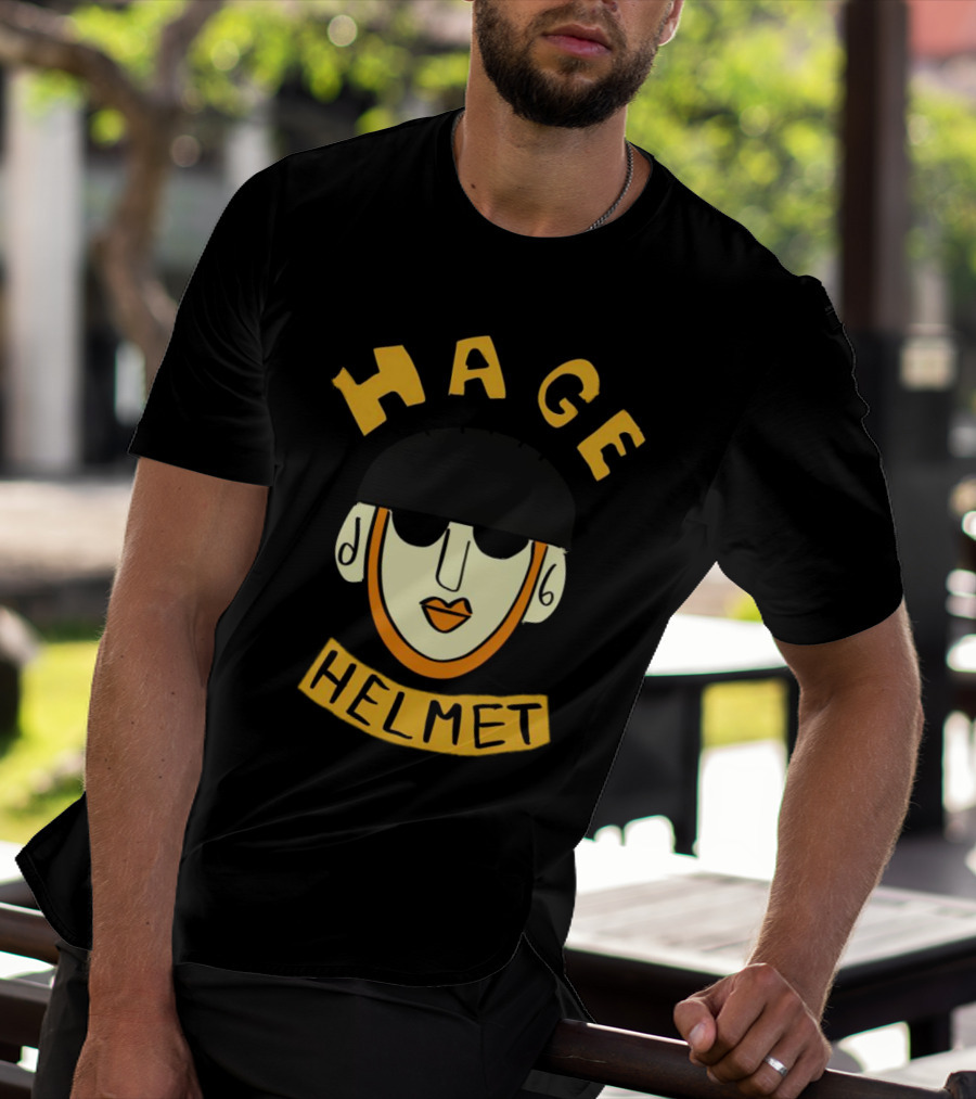 HAGE Helmet Face Black Cap Bold Lettering T-Shirt