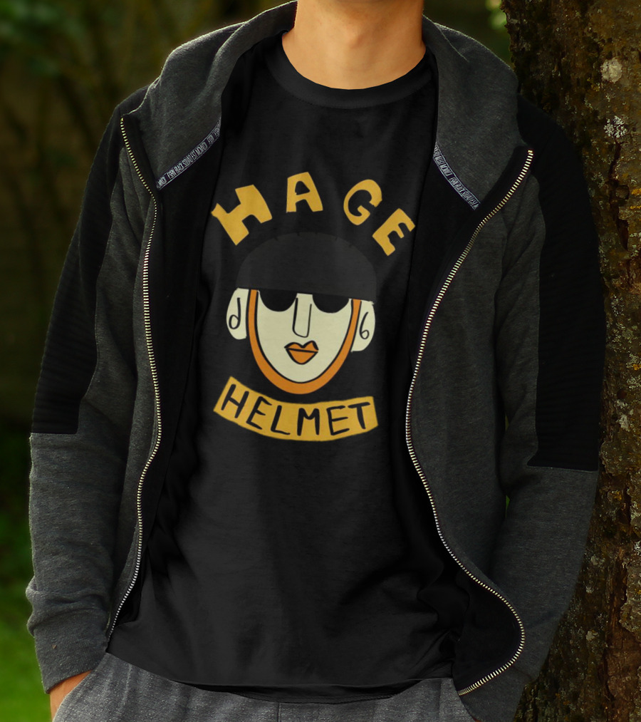HAGE Helmet Face Black Cap Bold Lettering T-Shirt