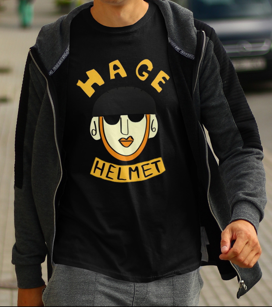 HAGE Helmet Face Black Cap Bold Lettering T-Shirt
