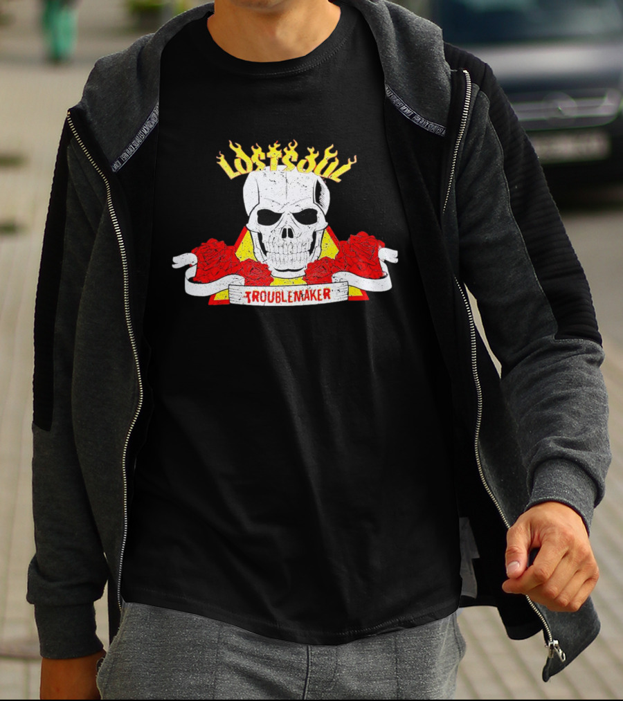 Lost Soul Skull With Flaming Text And Red Roses Troublemaker T-Shirt