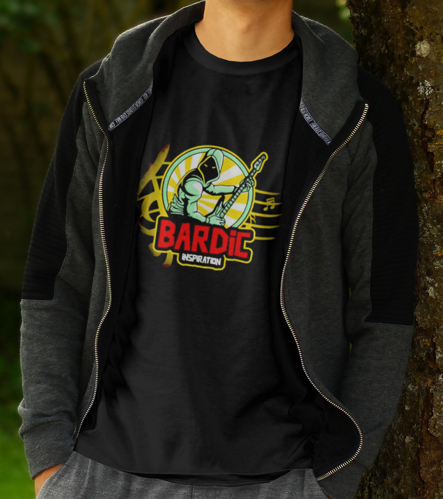 Bardic Inspiration Musical Hooded Figure With Guitar And Notes T-Shirt