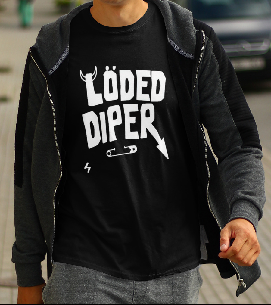 Löded Diper Band Logo With Horns, Arrow, Safety Pin, And Lightning Bolt T-Shirt
