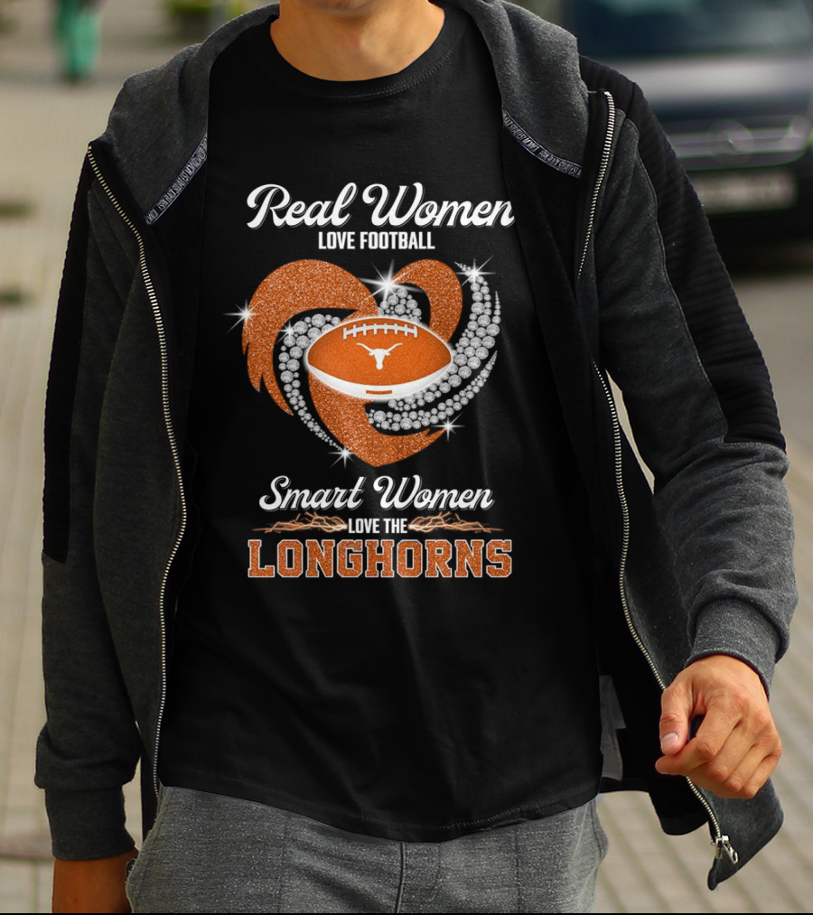 Real Women Love Football Smart Women Love The Longhorns Rhinestone Football Heart T-Shirt