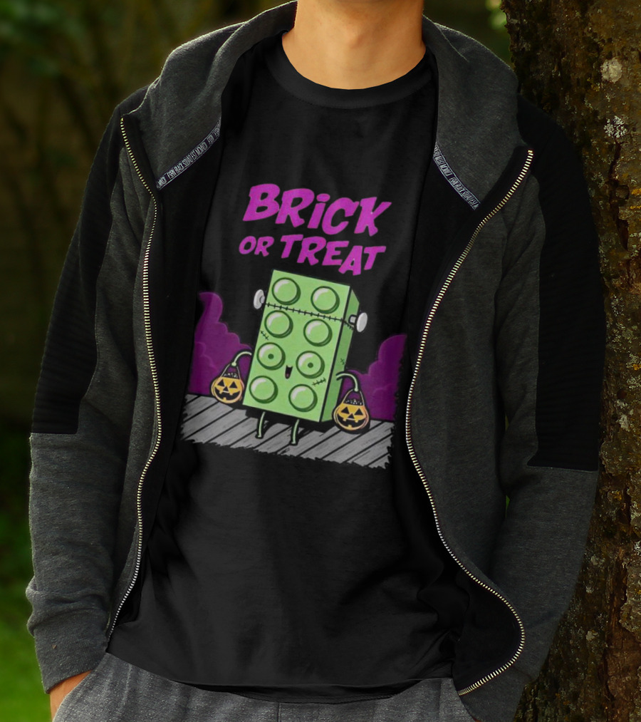 Brick Or Treat Halloween Green Block With Jack-o'-Lanterns Cartoon T-Shirt