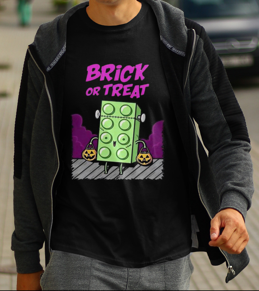 Brick Or Treat Halloween Green Block With Jack-o'-Lanterns Cartoon T-Shirt