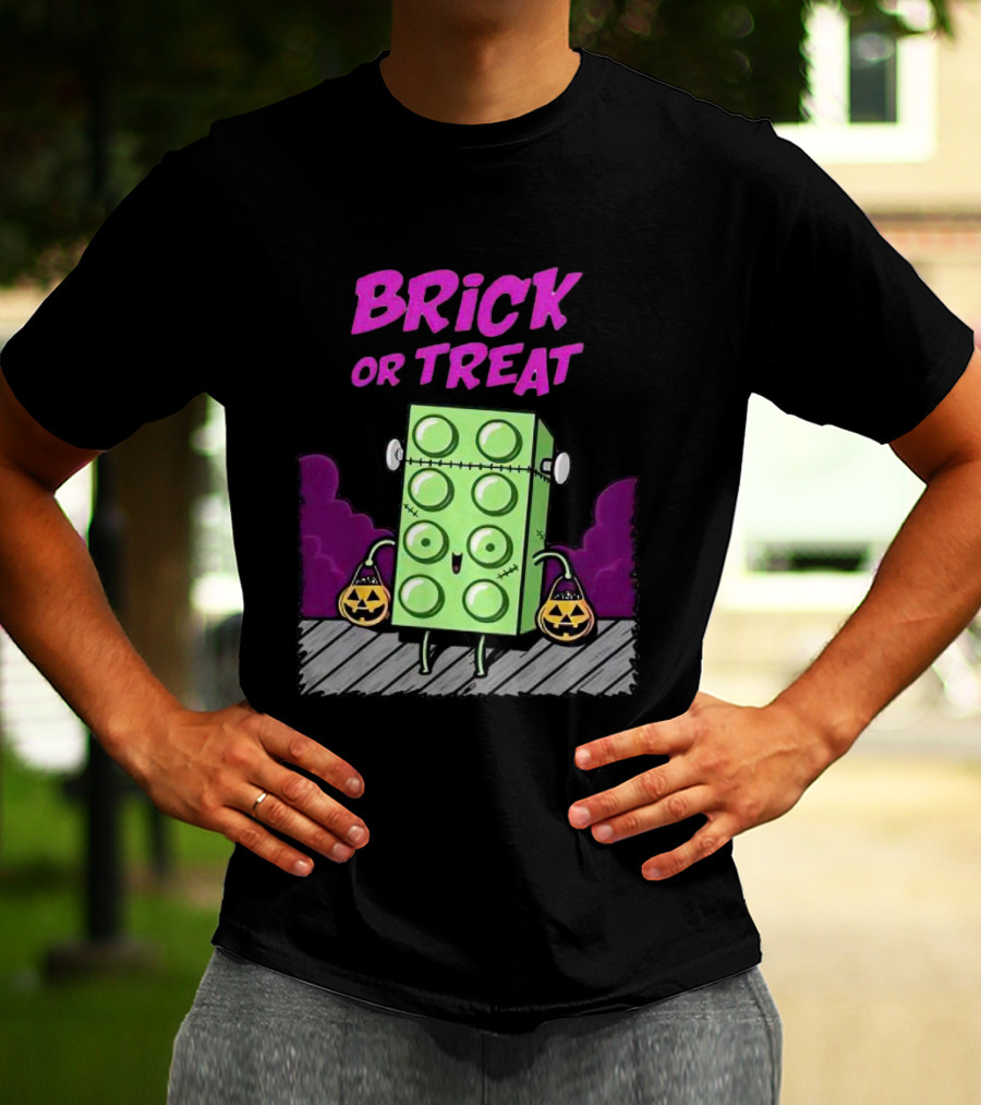 Brick Or Treat Halloween Green Block With Jack-o'-Lanterns Cartoon T-Shirt