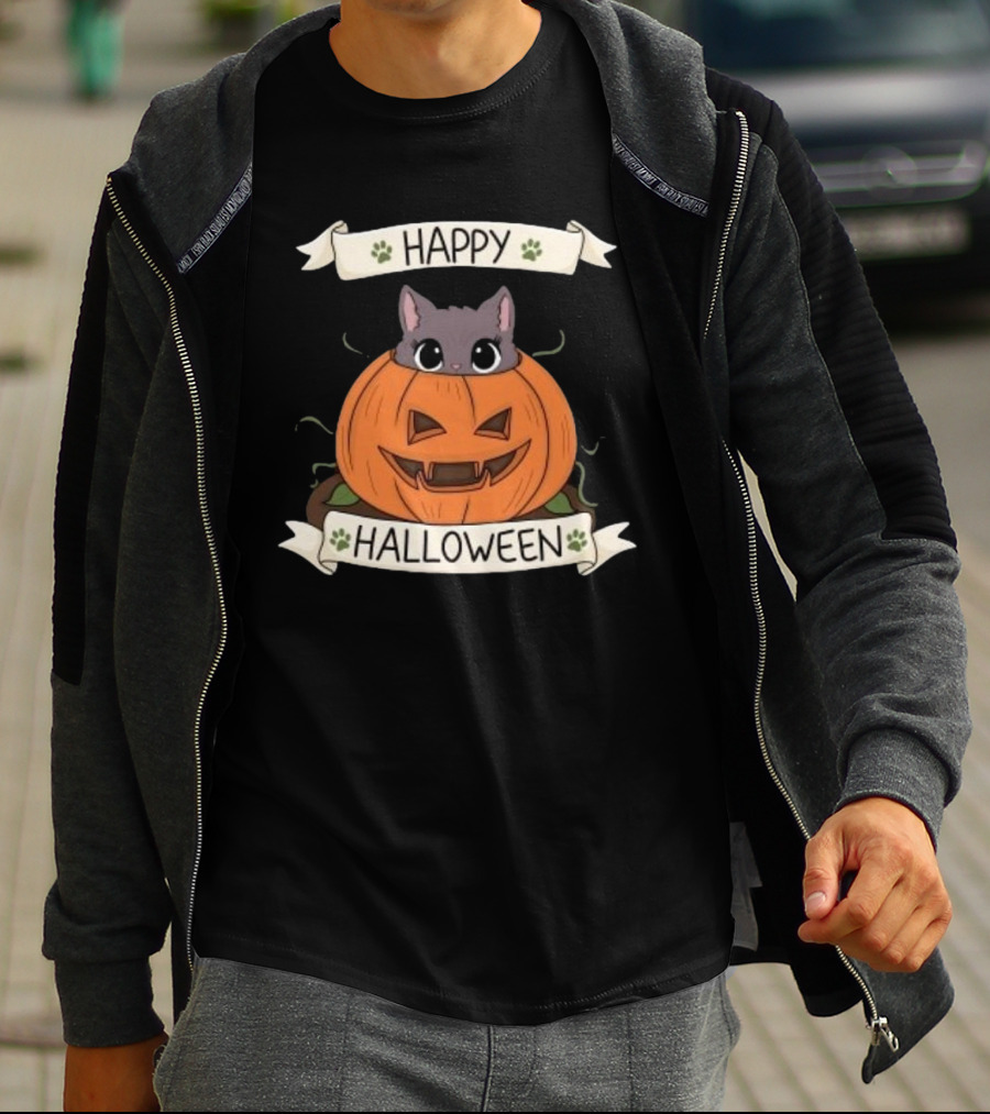 Happy Halloween Cute Cat In Pumpkin T-Shirt