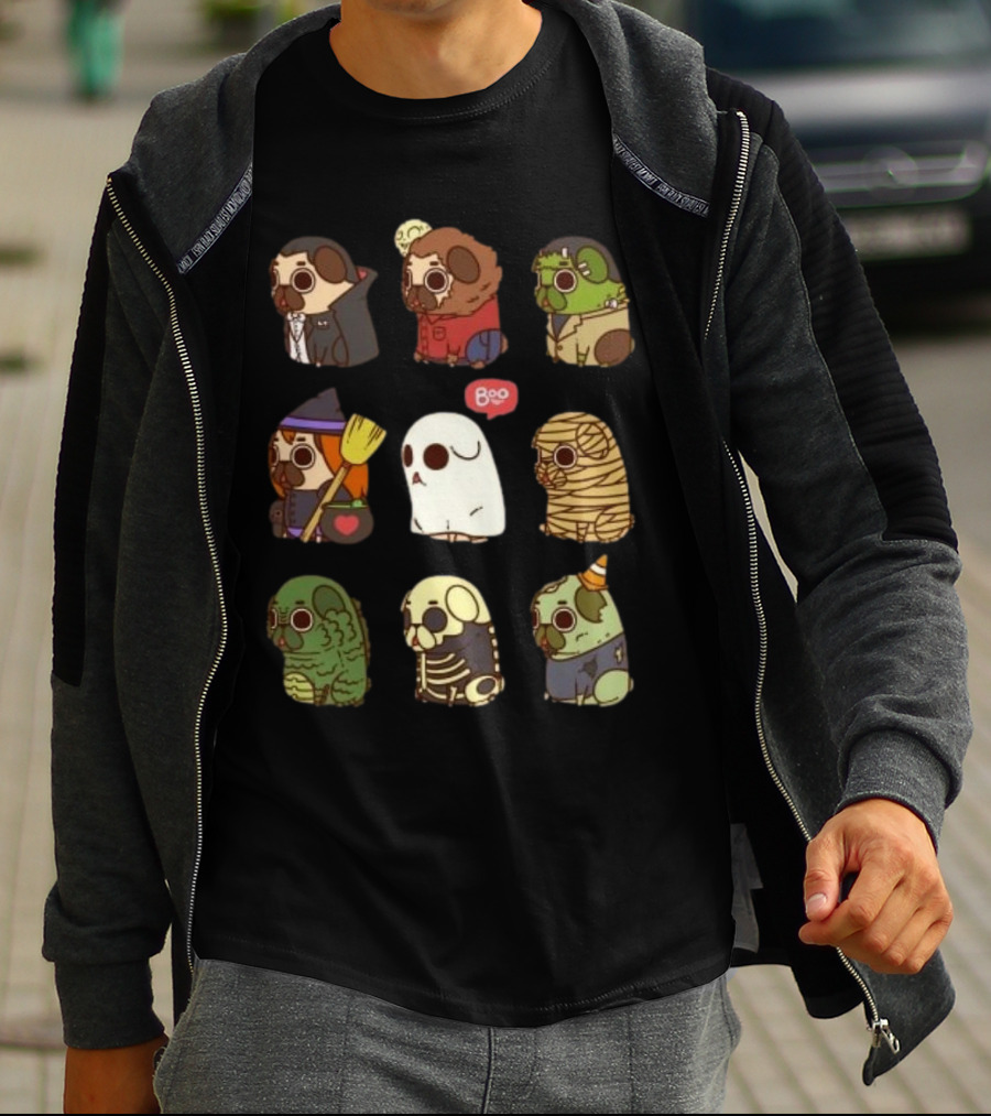 Halloween Puglie Vampire Werewolf Zombie Witch Ghost Mummy Creature Skeleton Clown T-Shirt