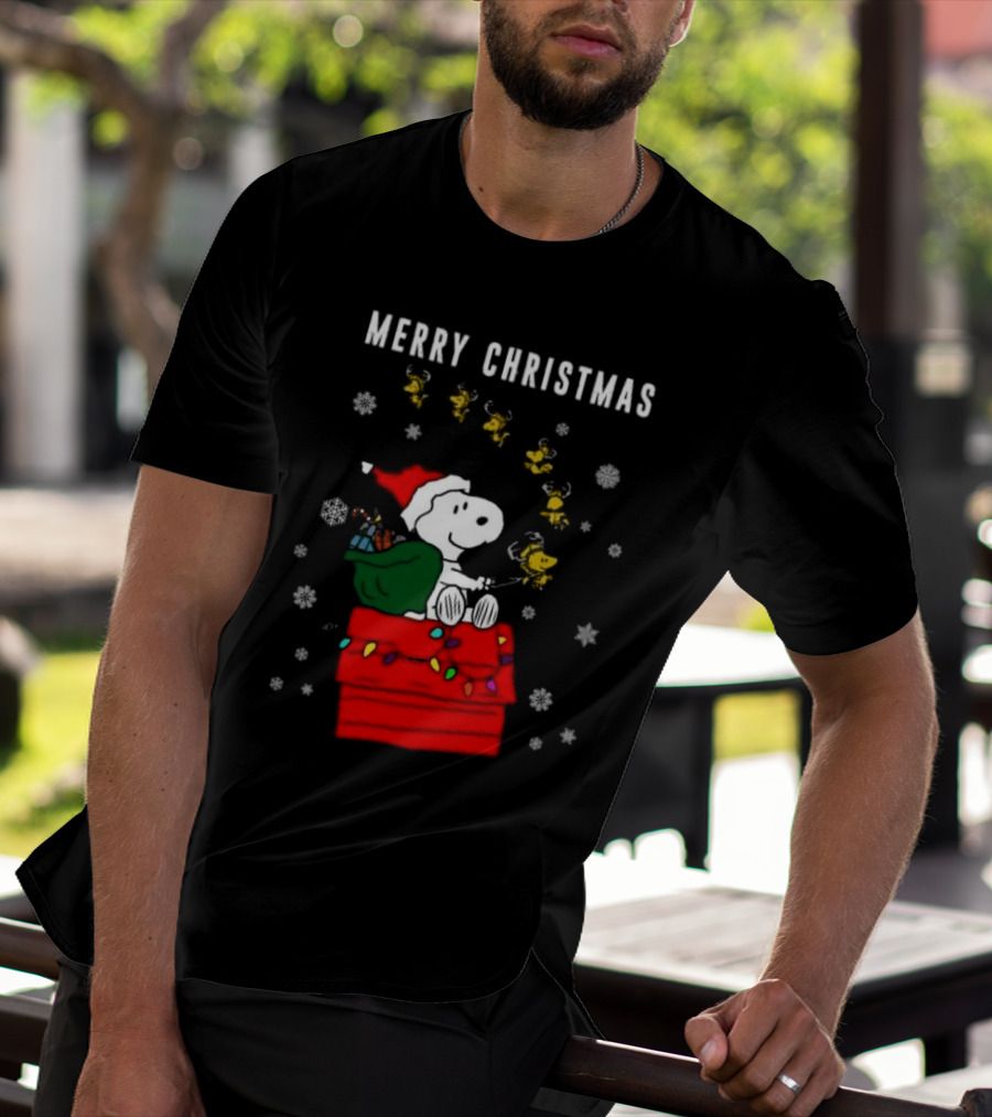 Merry Christmas Snoopy Santa On Doghouse With Reindeer And Snowflakes T-Shirt
