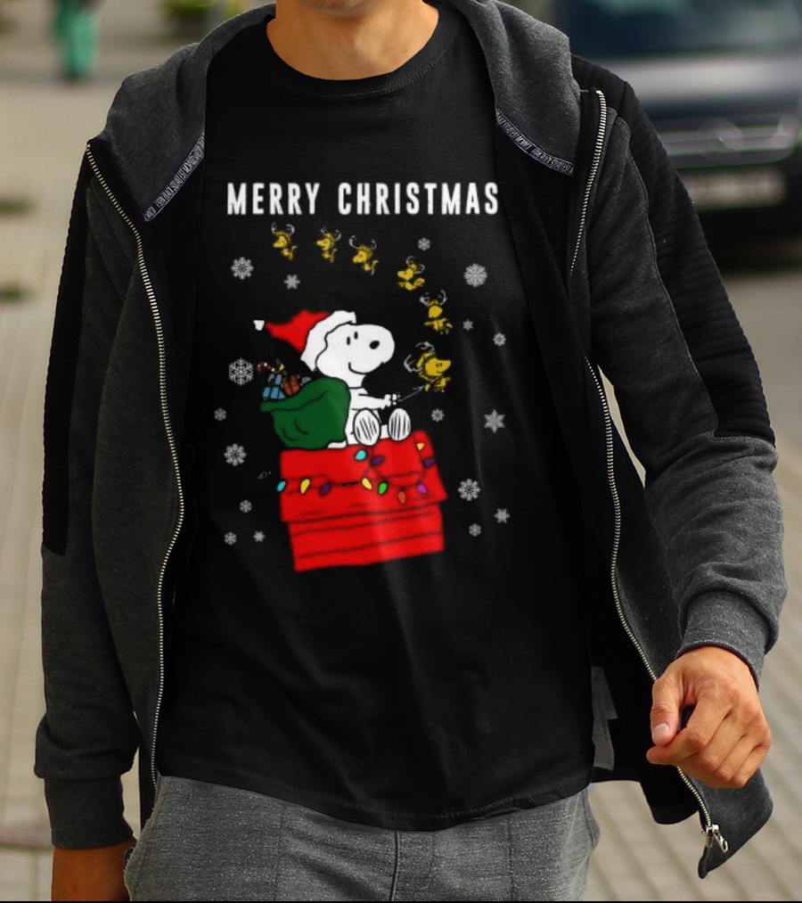 Merry Christmas Snoopy Santa On Doghouse With Reindeer And Snowflakes T-Shirt