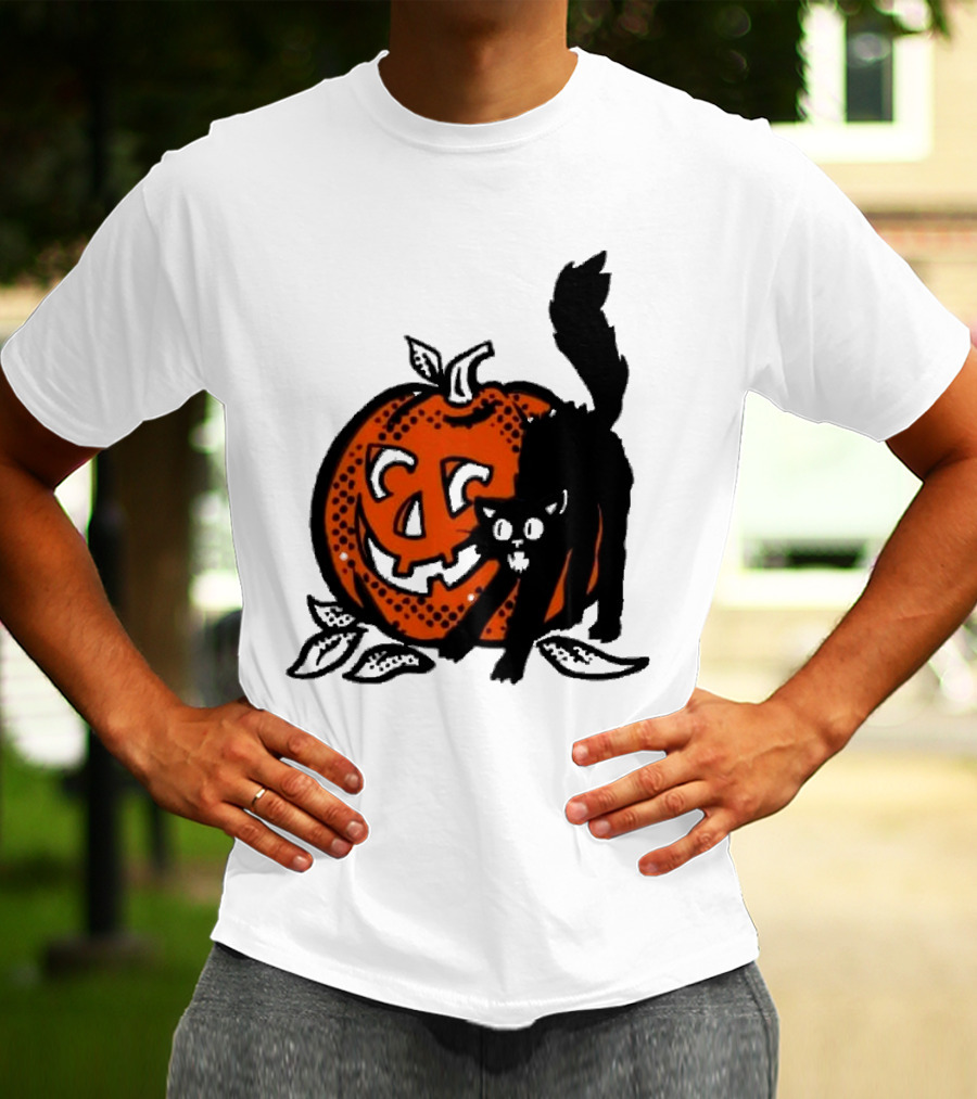 Vintage Halloween Pumpkin And Black Cat T-Shirt