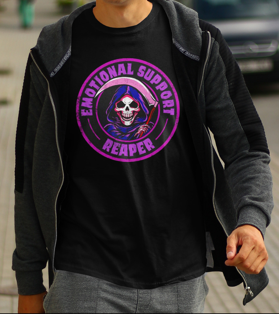Emotional Support Reaper Skeleton With Scythe In Purple Hood T-Shirt