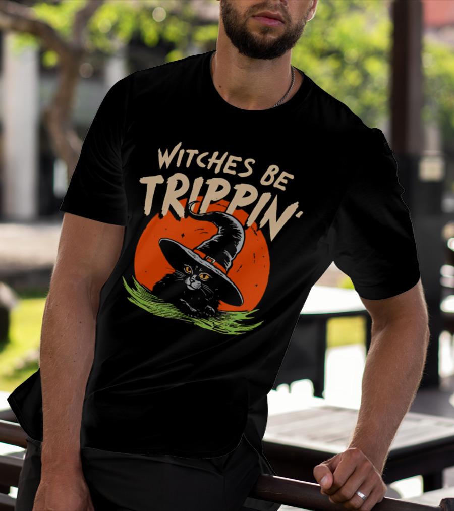 Witches Be Trippin’ Cat With Witch Hat And Red Moon Halloween T-Shirt