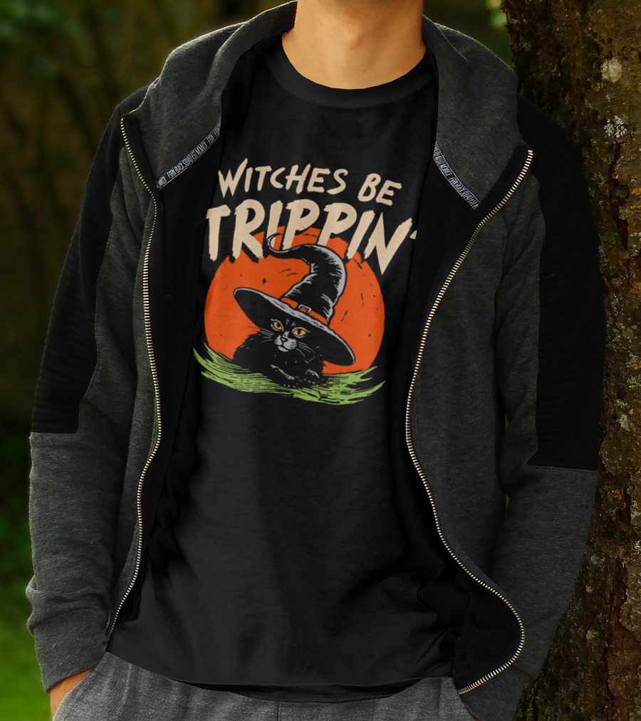 Witches Be Trippin’ Cat With Witch Hat And Red Moon Halloween T-Shirt