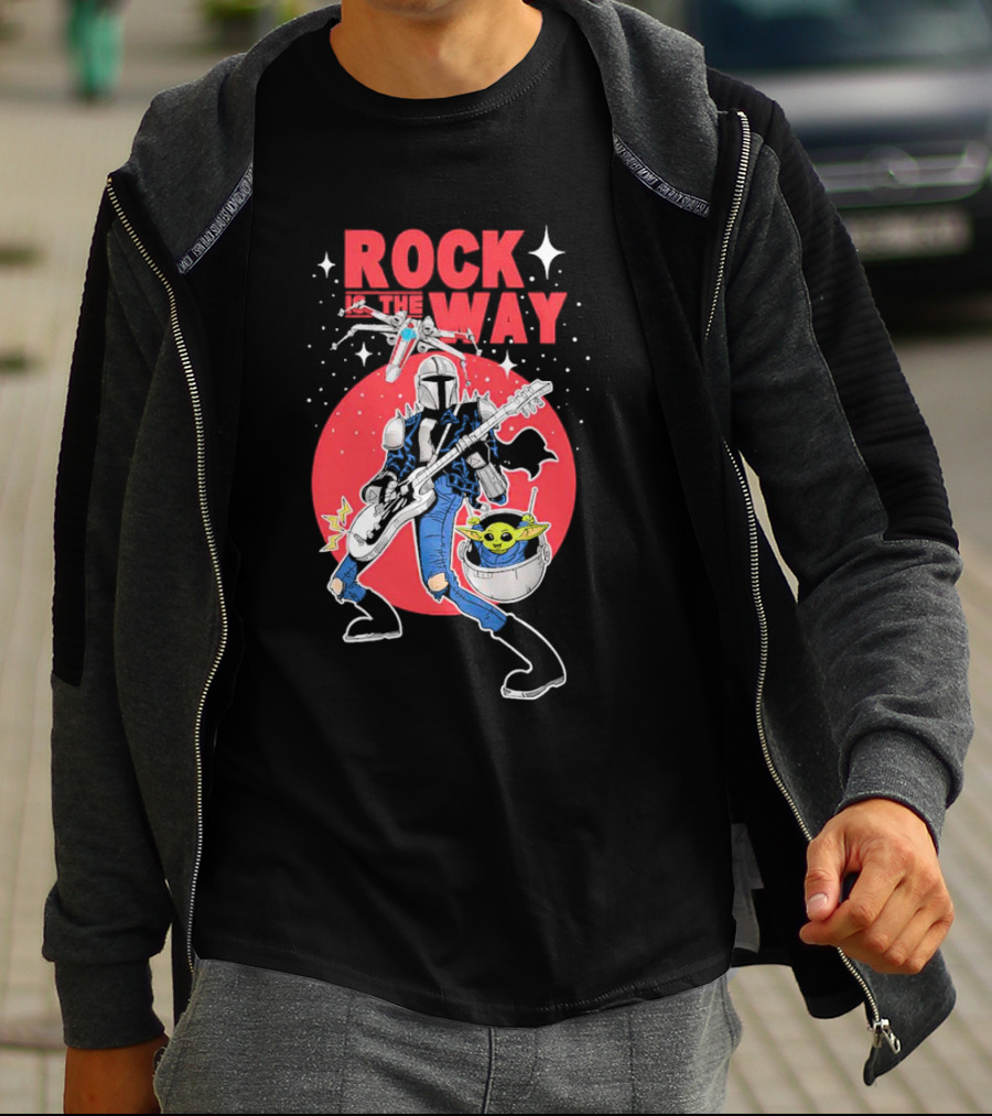 Rock Is The Way Din Djarin And Grogu Playing Guitar In Front Of Red Moon T-Shirt