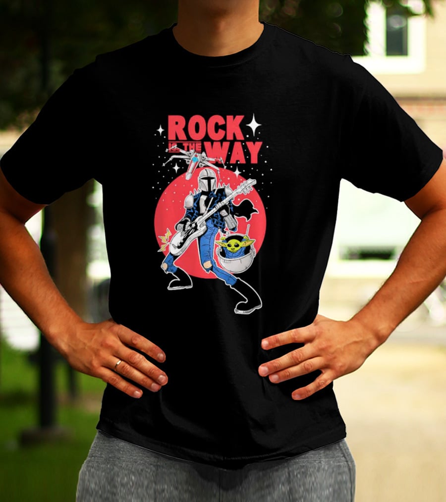 Rock Is The Way Din Djarin And Grogu Playing Guitar In Front Of Red Moon T-Shirt