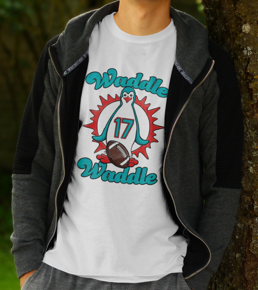 Waddle Waddle 17 Miami Dolphin Football Penguin T-Shirt