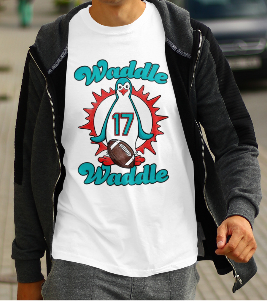Waddle Waddle 17 Miami Dolphin Football Penguin T-Shirt