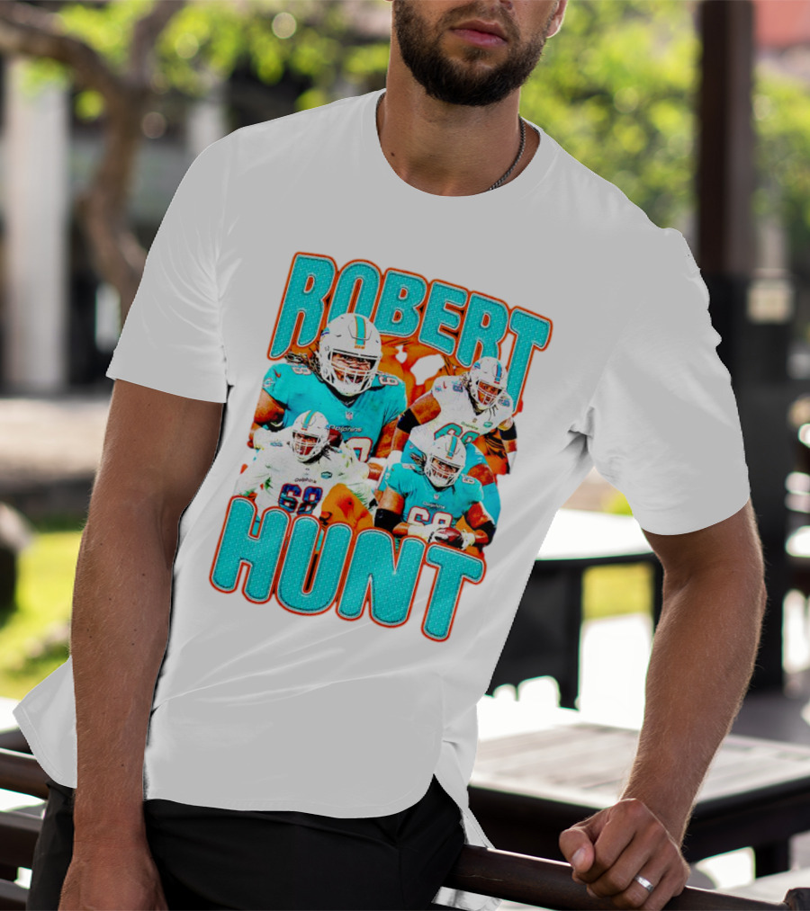 Robert Hunt Miami Dolphins 68 Vintage Football Collage T-Shirt