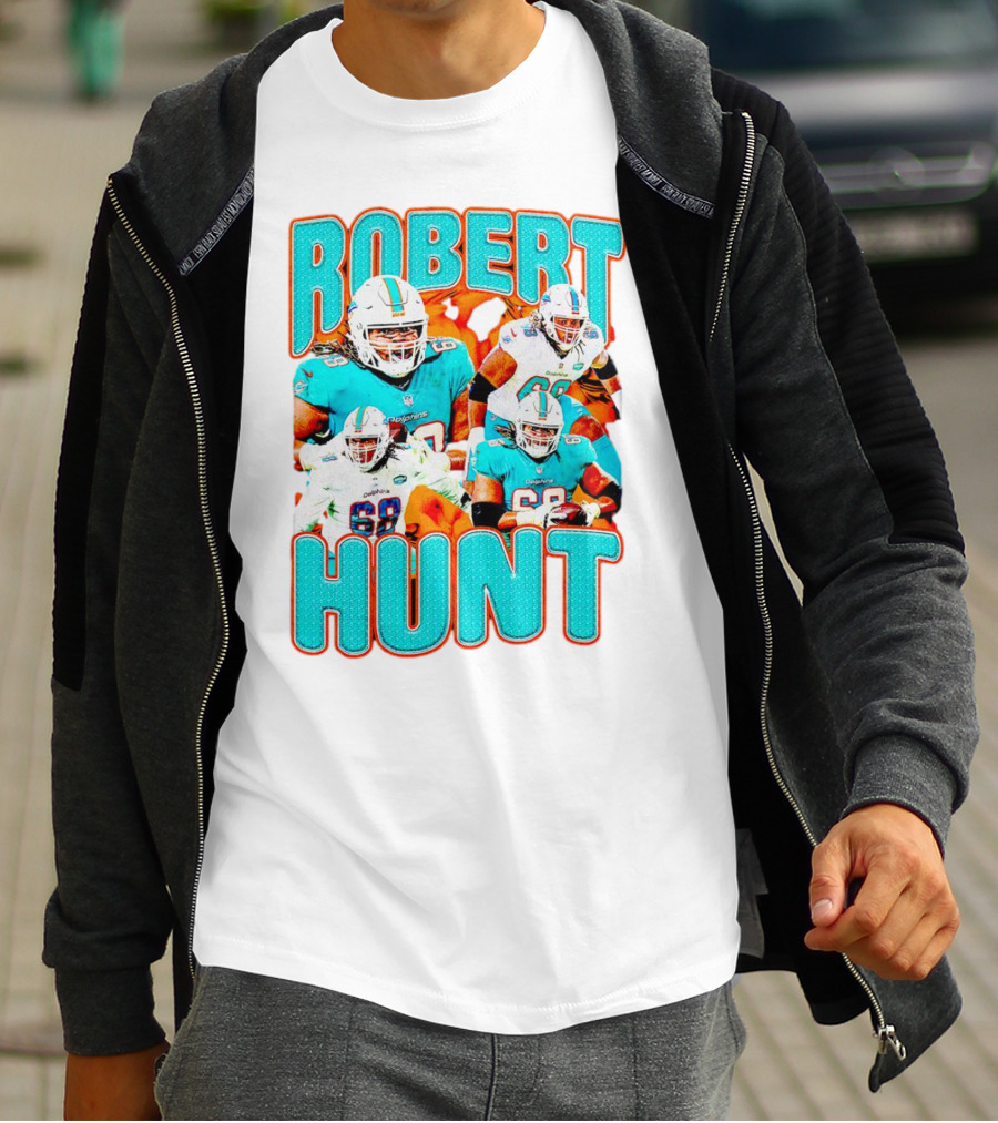 Robert Hunt Miami Dolphins 68 Vintage Football Collage T-Shirt