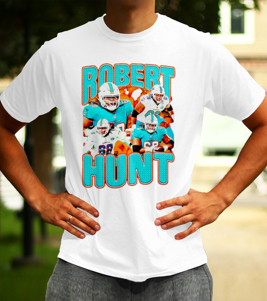 Robert Hunt Miami Dolphins 68 Vintage Football Collage T-Shirt