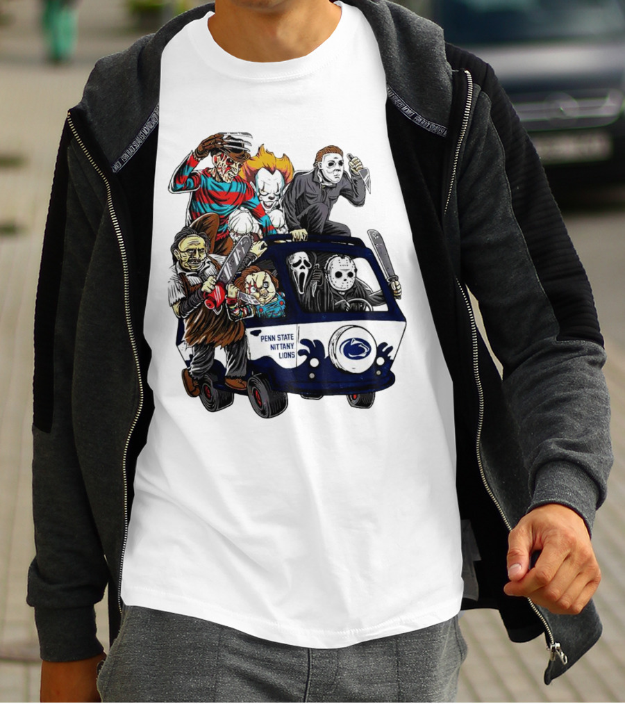 Penn State Nittany Lions Horror Movie Characters Halloween Bus T-Shirt