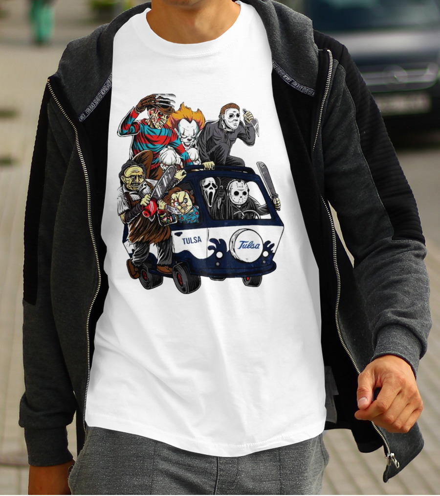 Tulsa Golden Hurricane Halloween Horror Characters Bus T-Shirt
