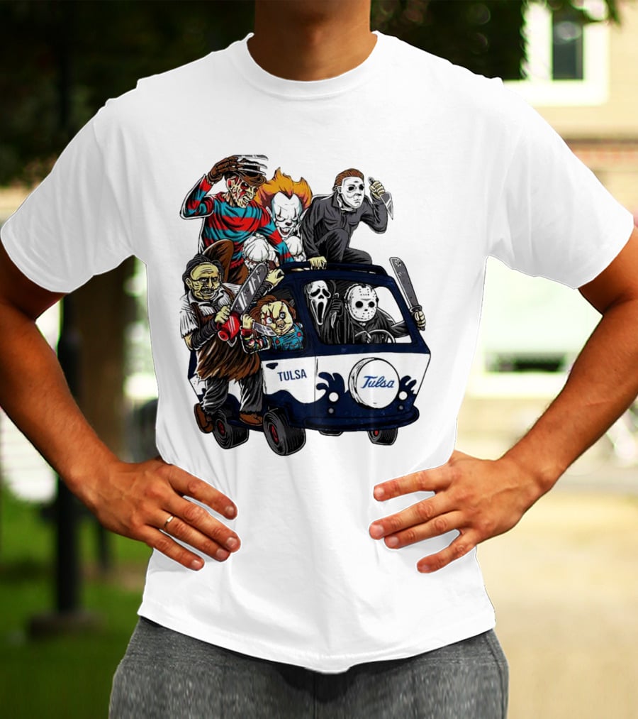 Tulsa Golden Hurricane Halloween Horror Characters Bus T-Shirt