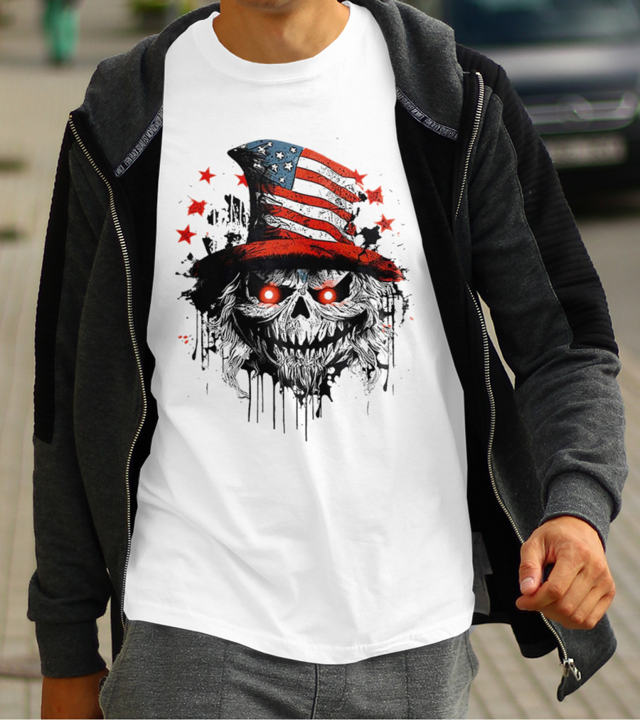 Creepy Uncle Sam Skeleton Skull Hat Dripping Red Eyes Halloween T-Shirt