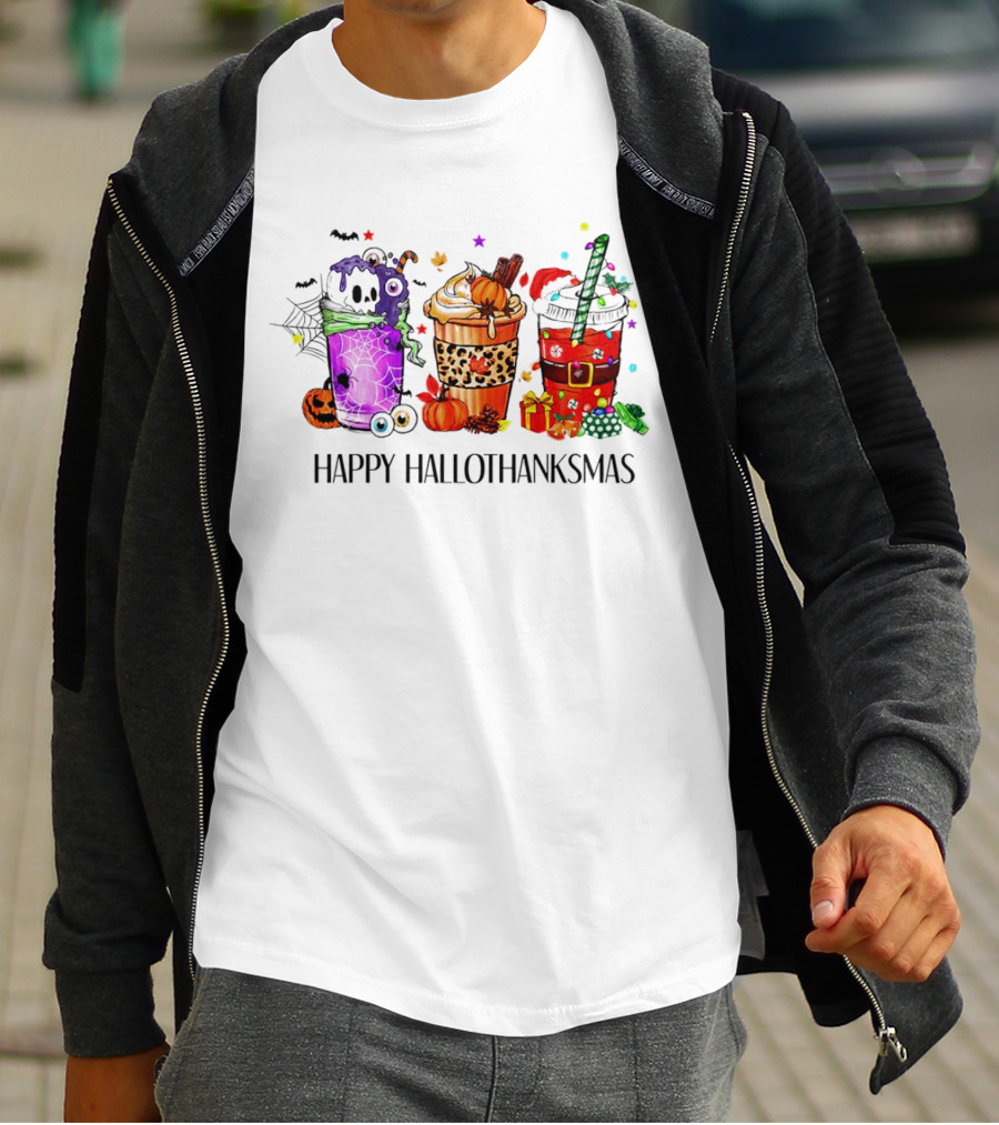 Happy Hallothanksmas With Spooky Fall And Festive Latte Trio T-Shirt