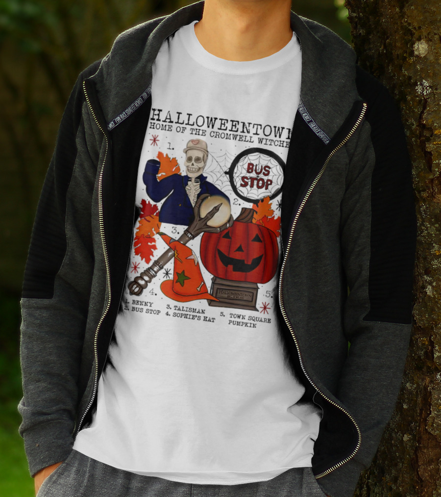 Halloweentown Home Of The Cromwell Witches Skeleton With Sophie’s Hat And Town Square Pumpkin T-Shirt