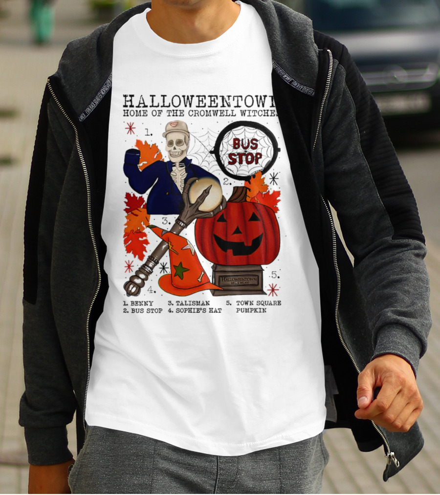 Halloweentown Home Of The Cromwell Witches Skeleton With Sophie’s Hat And Town Square Pumpkin T-Shirt