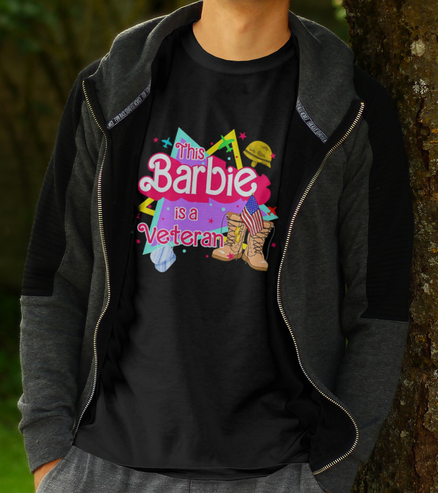 This Barbie Is A Veteran Boots American Flag Helmet Stars Background T-Shirt