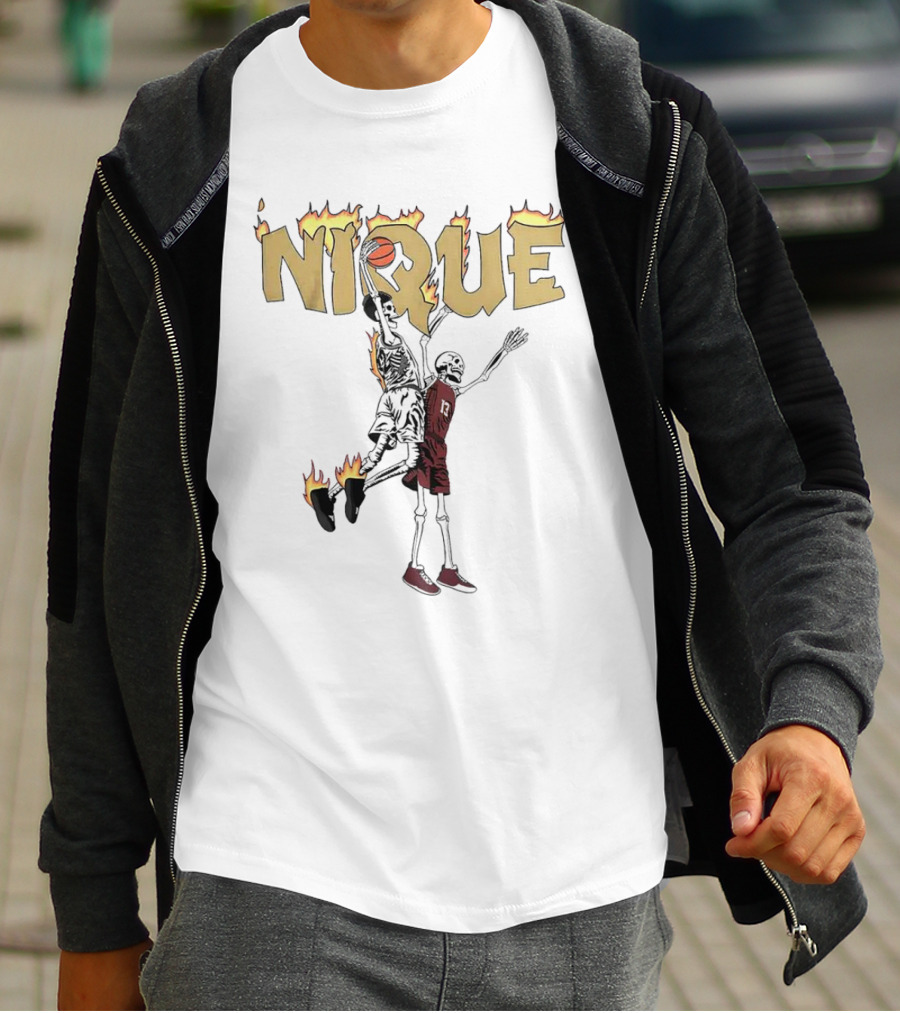 NIQUE Flaming Skeleton Dunk Basketball T-Shirt