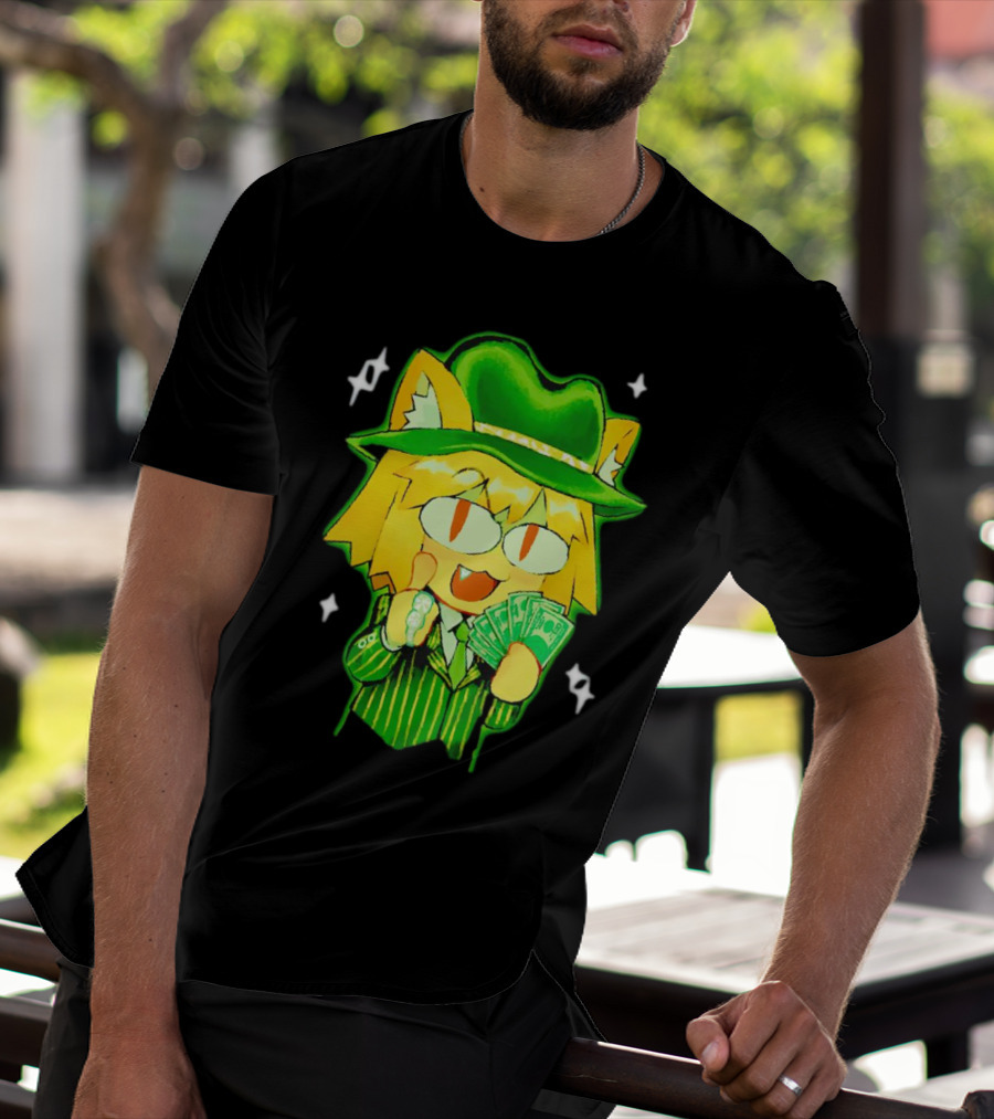 Sunny Waifu Gangster Neco-Arc Anime Cat Character With Money And Green Hat T-Shirt